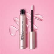 Lash Therapy Australia eyebrow growth serum with peptides with applicator and serum texture on pink background